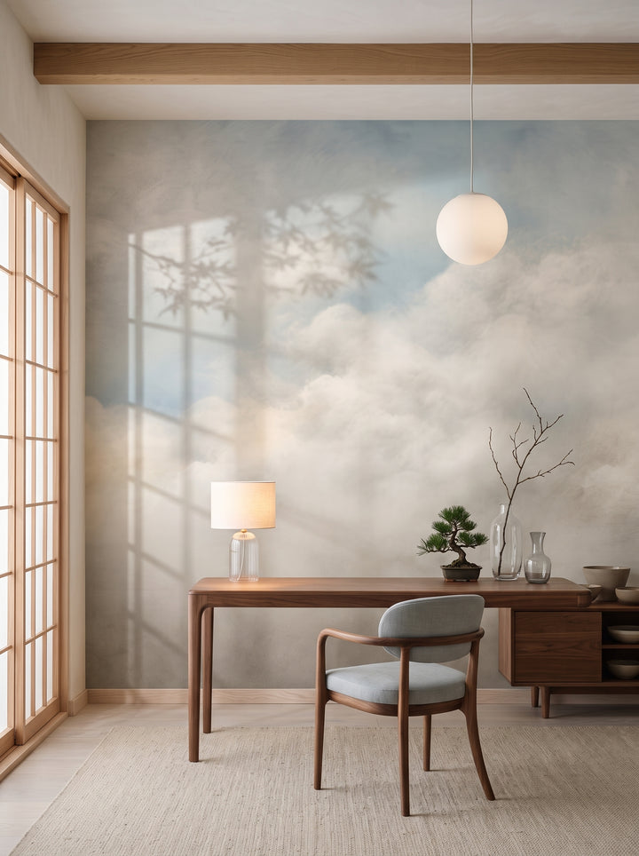 Fototapeta artystyczna o nazwie SOFT EMINENCE CLOUDSCAPE w aranżacji wnętrza: prywatny gabinet w stylu japandi.