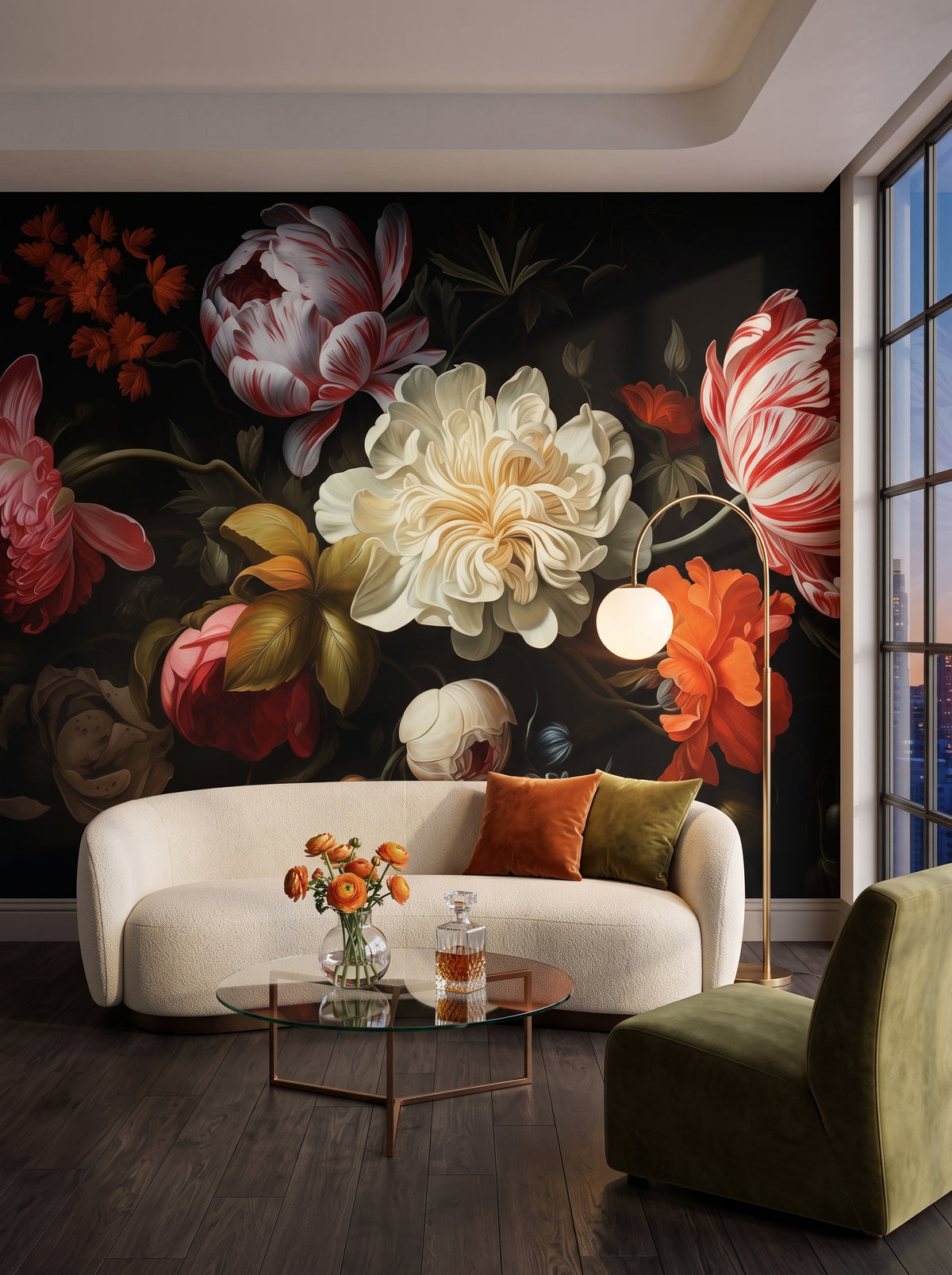 Fototapeta artystyczna o nazwie Nocturnal Flora w aranżacji wnętrza: salon w penthousie na Manhattanie o zmierzchu.