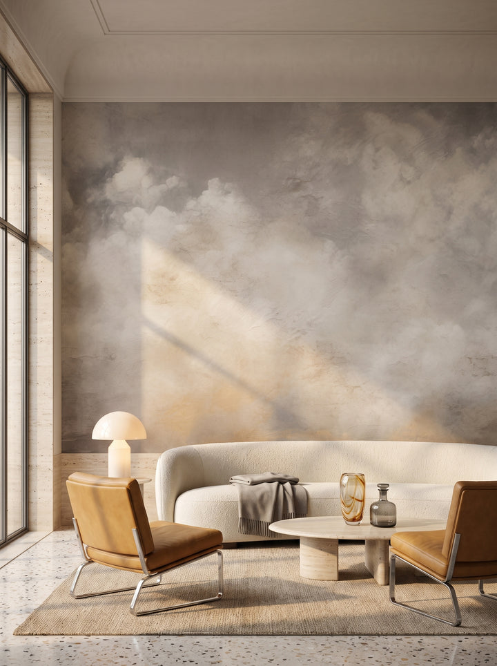 Fototapeta artystyczna o nazwie MONOCHROME CLOUD MAJESTY w aranżacji wnętrza: salon w mediolańskim apartamencie z lat 70..