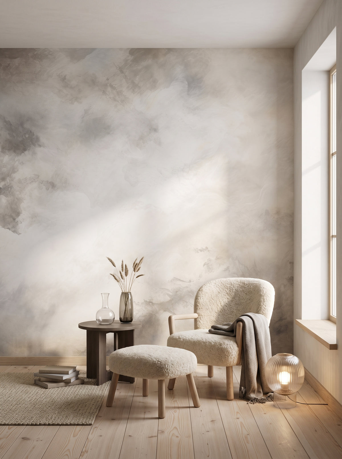 Artistic wall mural “MISTY AETHER SWIRLS” in an interior: reading nook in a bright Scandinavian villa.