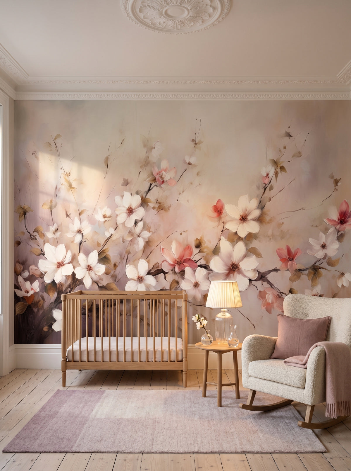 Fototapeta artystyczna o nazwie Misty Blossom w aranżacji wnętrza: elegancki pokój dziecięcy w kamienicy.