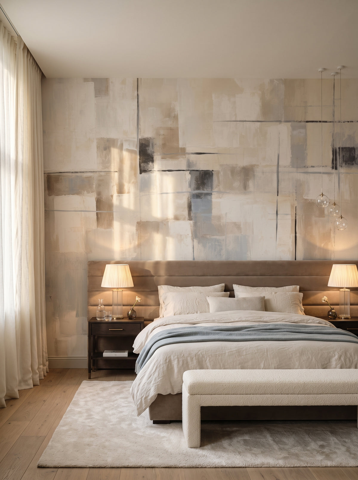 Carta da parati artistica «Serenity in Squares» in un interno: suite in un hotel a cinque stelle in stile quiet luxury.