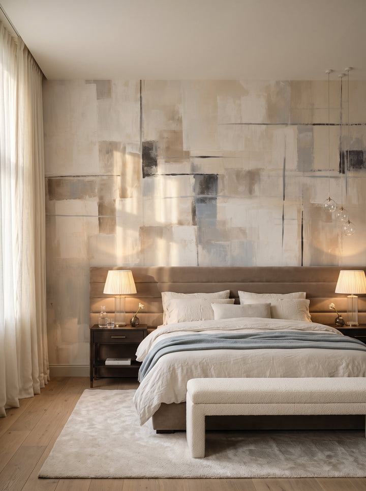 Fototapeta artystyczna o nazwie Serenity in Squares w aranżacji wnętrza: apartament w pięciogwiazdkowym hotelu w stylu quiet luxury.