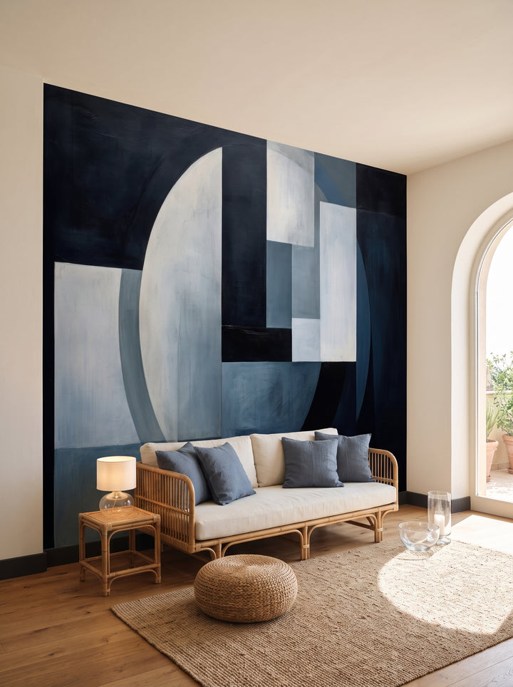 Fototapeta artystyczna o nazwie Geometric Crescent w aranżacji wnętrza: salon w eleganckim stylu boho.