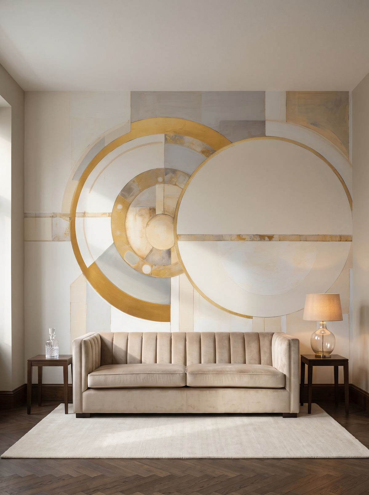 Fototapeta artystyczna o nazwie SUNRISE GEOMETRY w aranżacji wnętrza: salon w pięciogwiazdkowym apartamencie hotelowym.