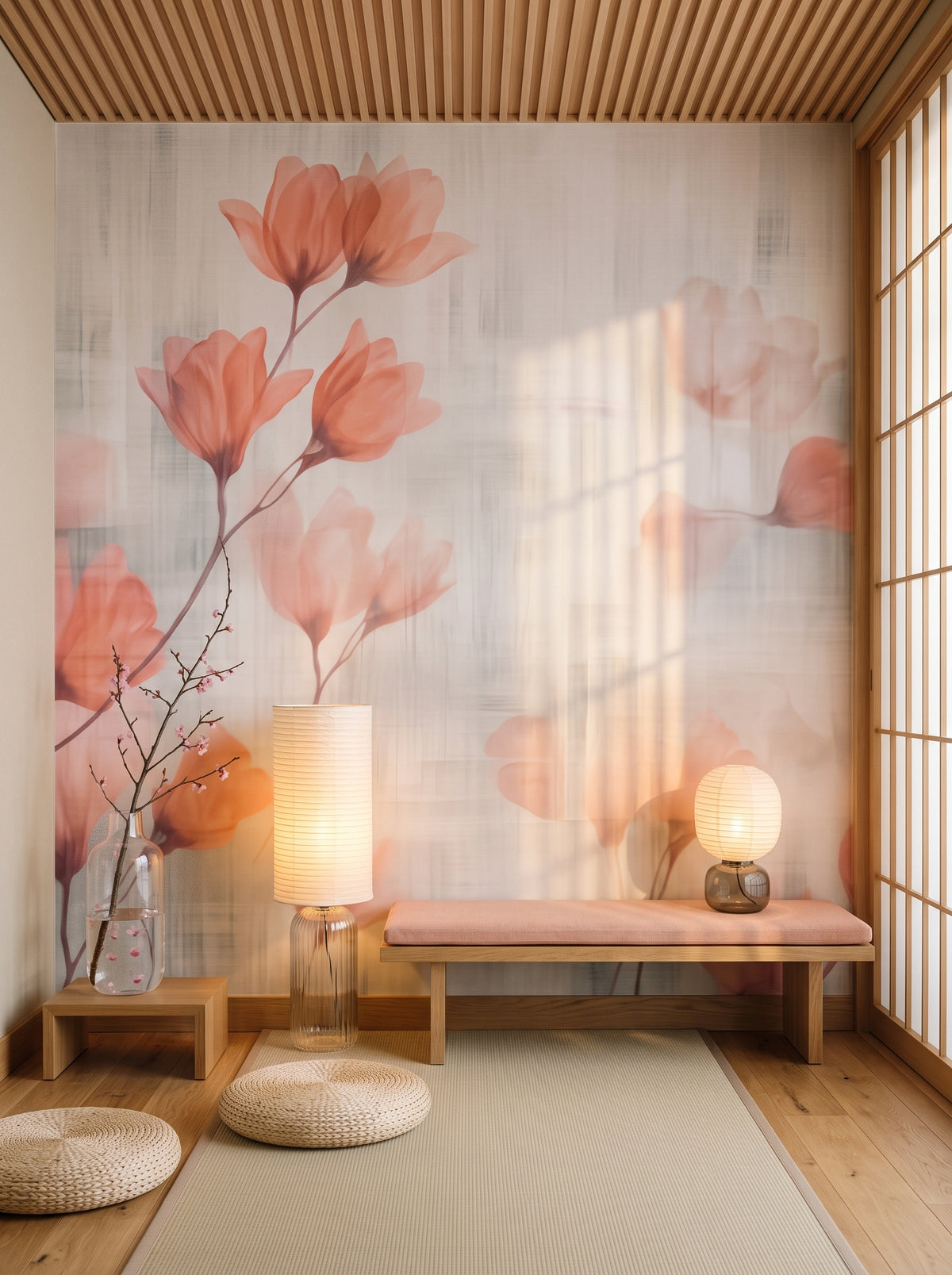 Papier peint panoramique artistique « Floral Whisper » dans un intérieur : petit salon d'hôtel dans un couloir à Kyoto.