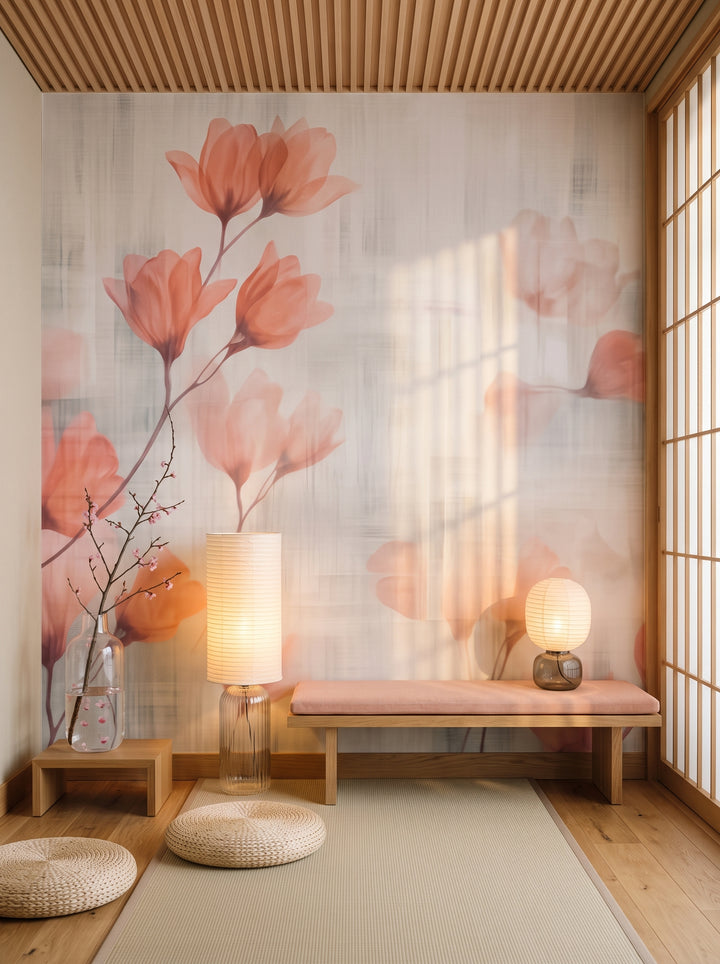 Fototapeta artystyczna o nazwie Floral Whisper w aranżacji wnętrza: hotelowy salonik w korytarzu w Kioto.