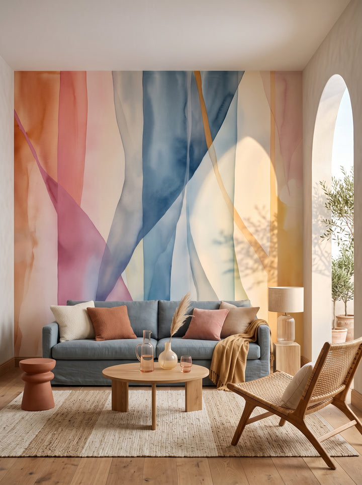 Fototapeta artystyczna o nazwie Pastel Dreamscape w aranżacji wnętrza: salon w stylu wyrafinowanego boho z wyjściem na taras.