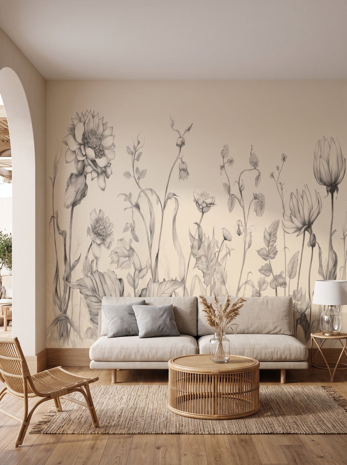 Fototapeta artystyczna o nazwie Floral Harmony #2 w aranżacji wnętrza: salon w eleganckim stylu boho.