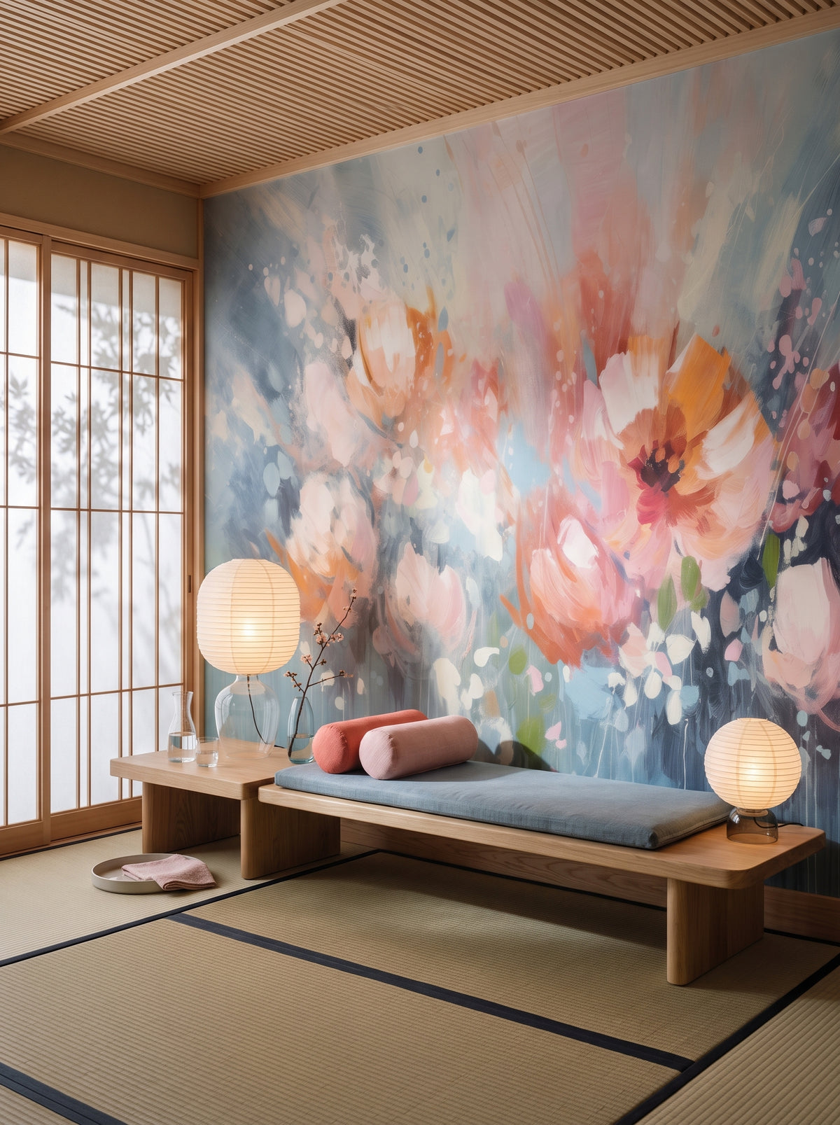 Fotomural artístico «Soft Petal Whispers» en un interior: salón en un pasillo de hotel en Kioto.