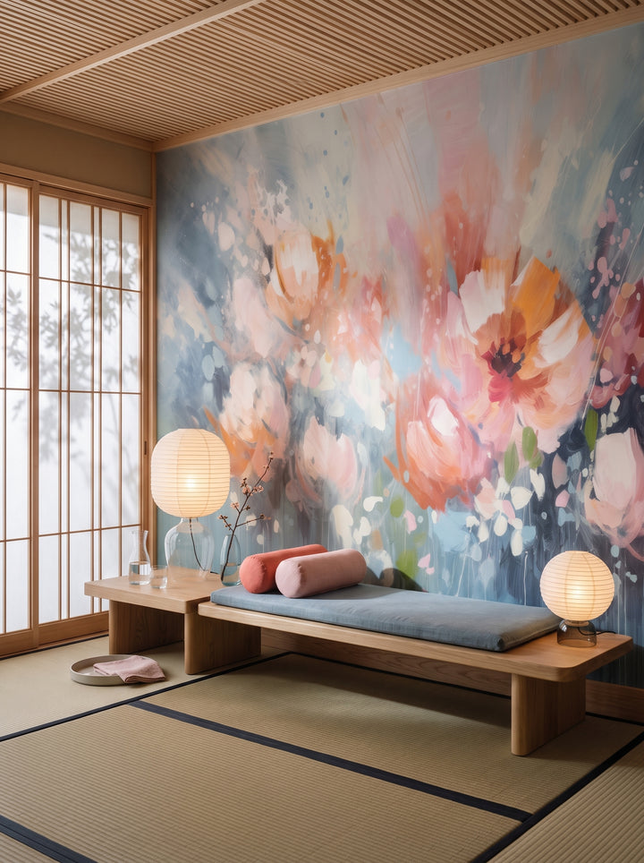 Fototapeta artystyczna o nazwie Soft Petal Whispers w aranżacji wnętrza: salon w korytarzu hotelu w Kioto.