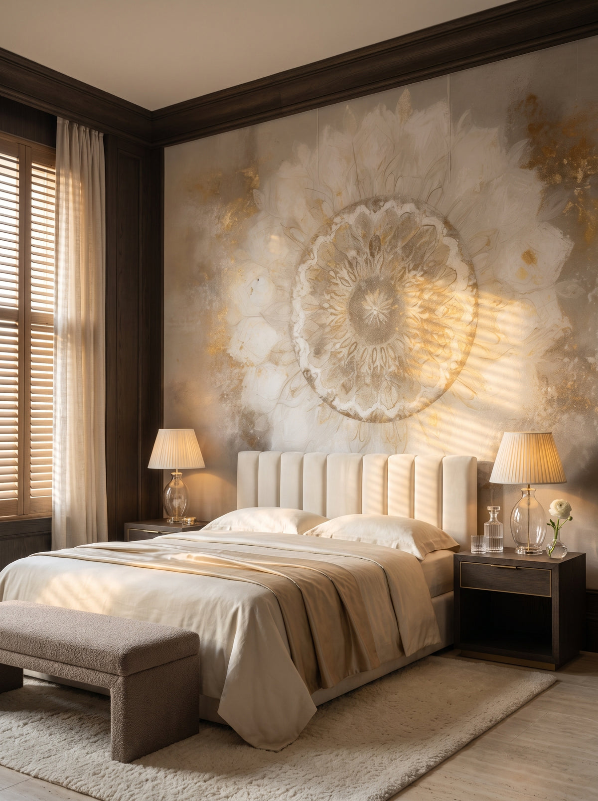 Fototapeta artystyczna o nazwie Crystal Lotus w aranżacji wnętrza: sypialnia w apartamencie pięciogwiazdkowego hotelu.