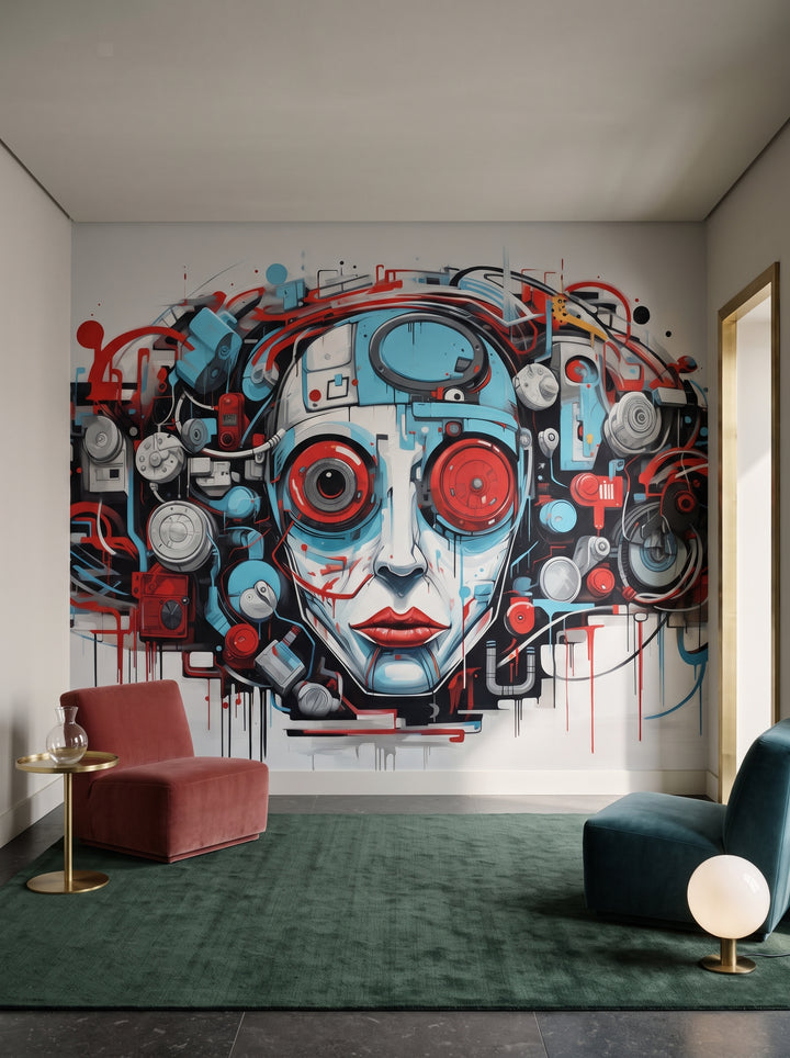 Fototapeta artystyczna o nazwie Cybernetic Vision w aranżacji wnętrza: lobby lounge w hotelu butikowym.