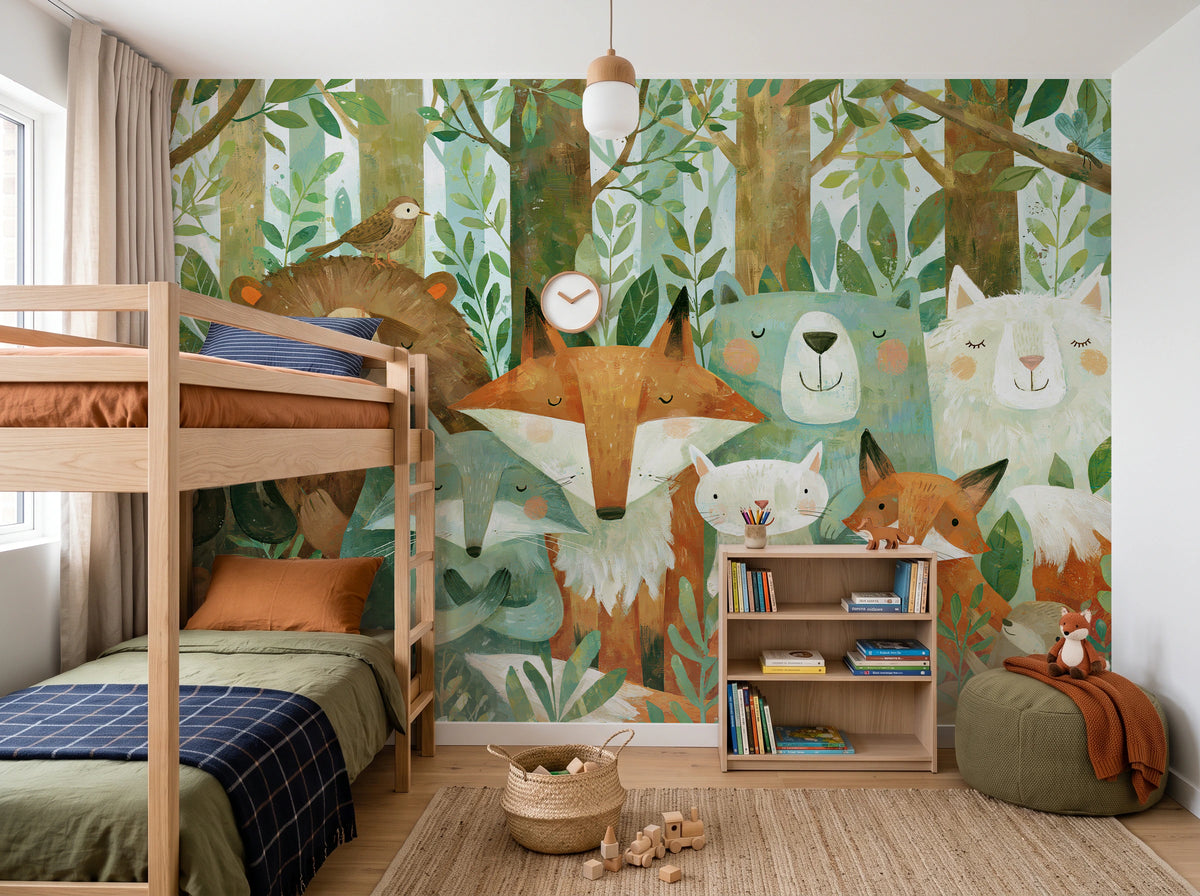 SLEEPY THICKET - tapeta z leśnymi zwierzętami dla dzieci — CHILDREN'S ROOM WITH BUNK BED
