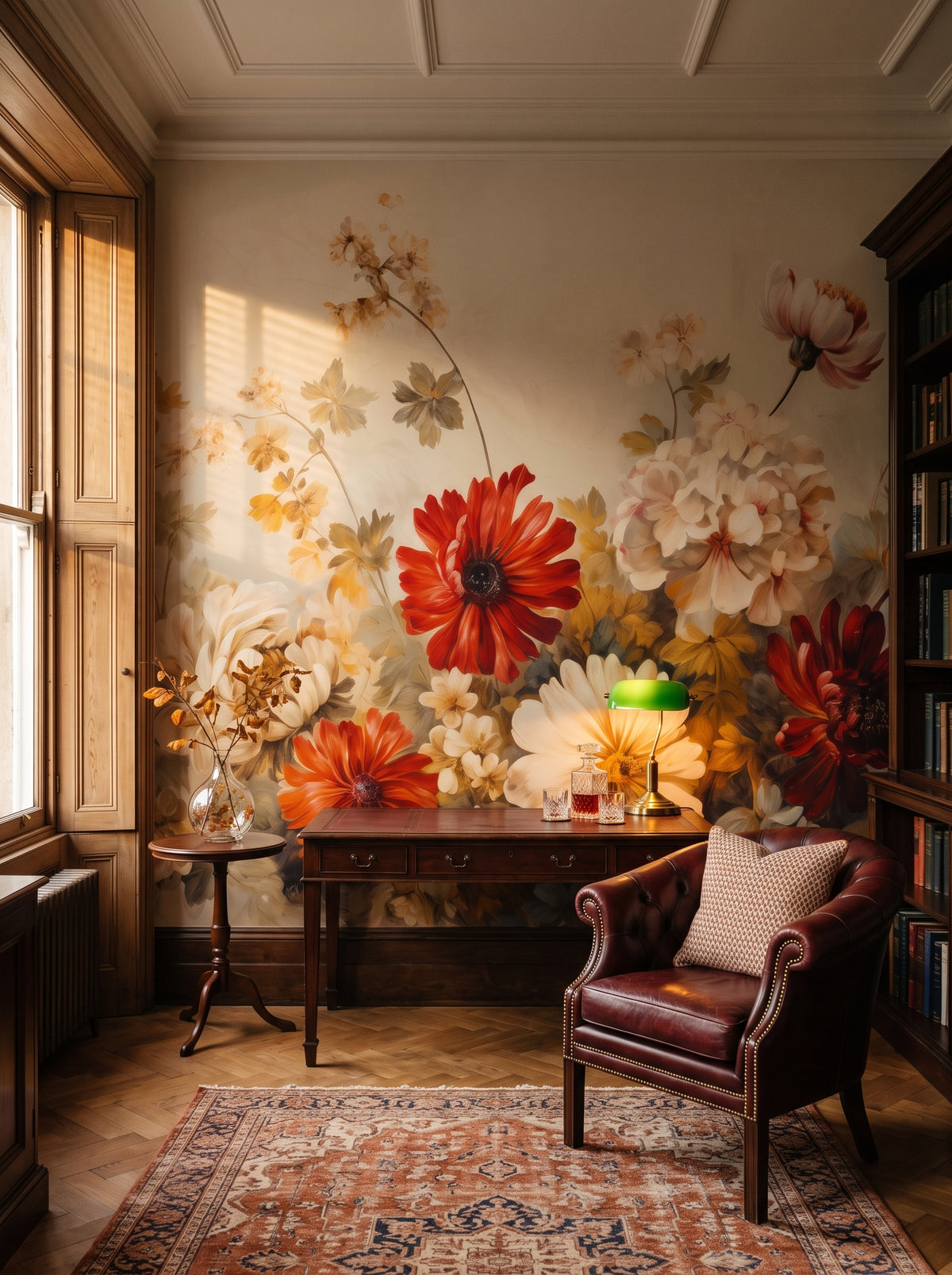 Fototapeta artystyczna o nazwie Autumnal Floral Dance w aranżacji wnętrza: prywatna biblioteka w stylu angielskiego klubu.