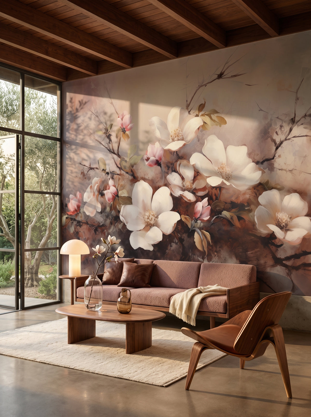 Fototapeta artystyczna o nazwie Serene Magnolia Haze w aranżacji wnętrza: salon w kalifornijskim domu z połowy XX wieku.