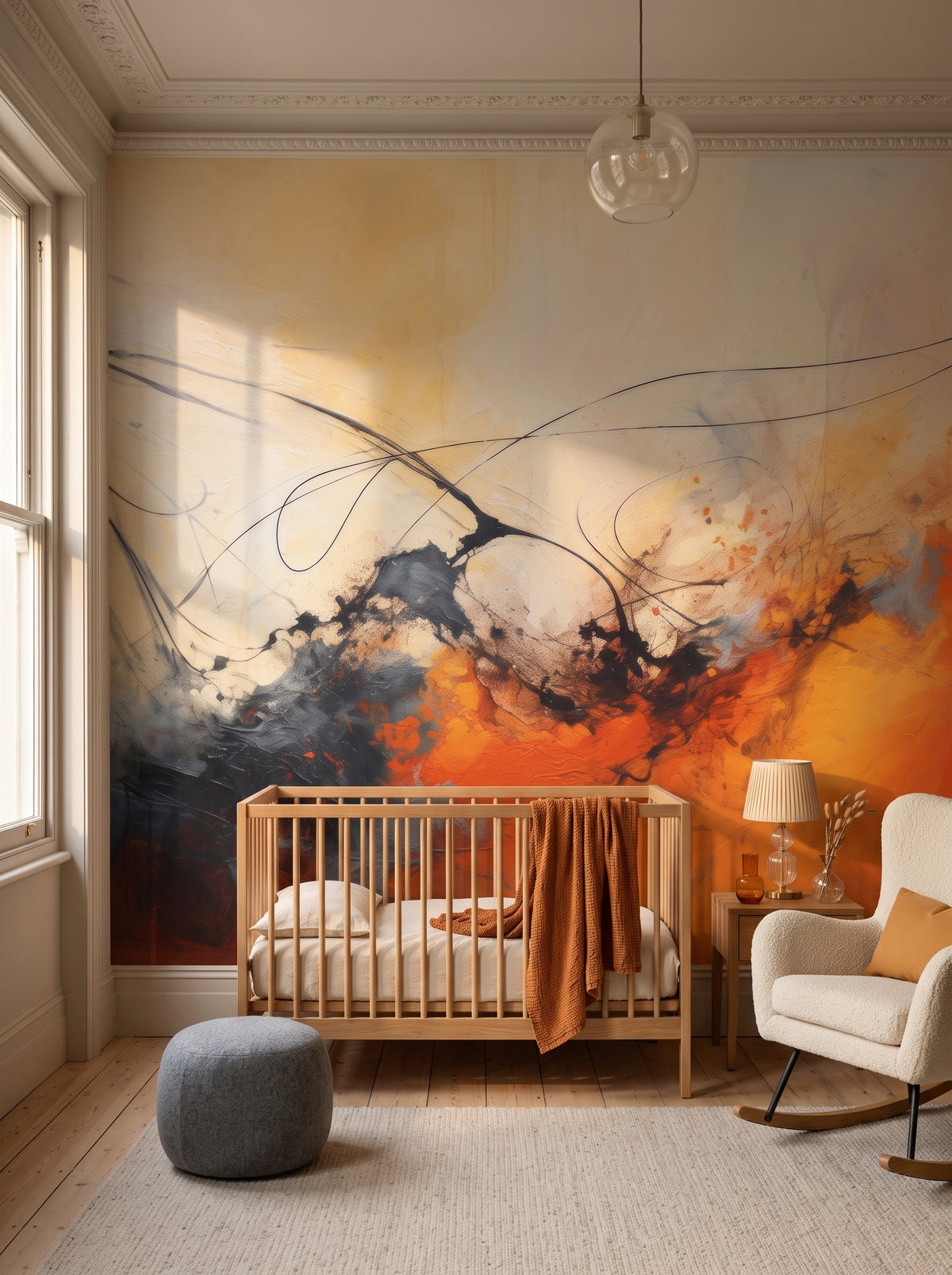 Künstlerische Fototapete „Geometric Whisper“ im Interieur: elegantes Kinderzimmer in einem Altbau.