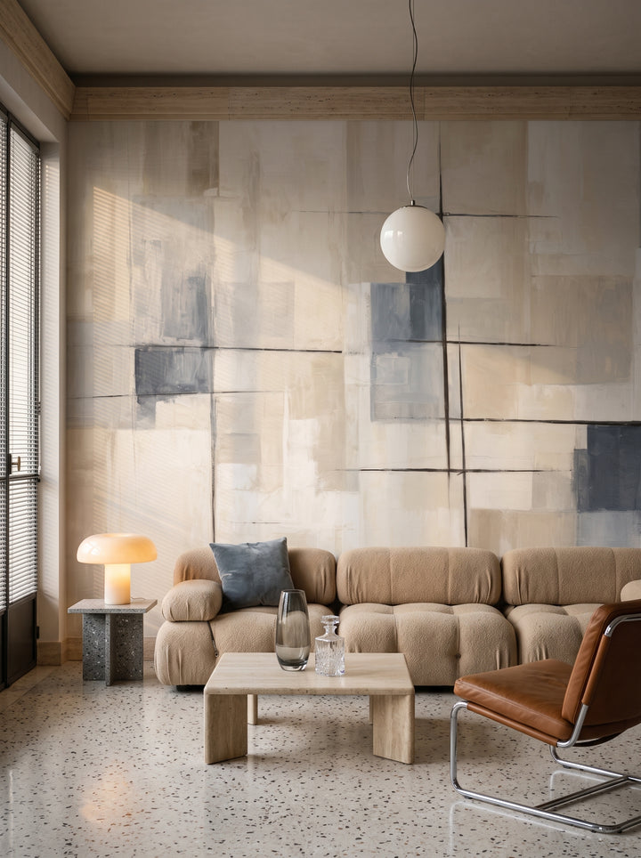 Fototapeta artystyczna o nazwie Elegant Disarray w aranżacji wnętrza: salon w mediolańskim apartamencie z lat 70..