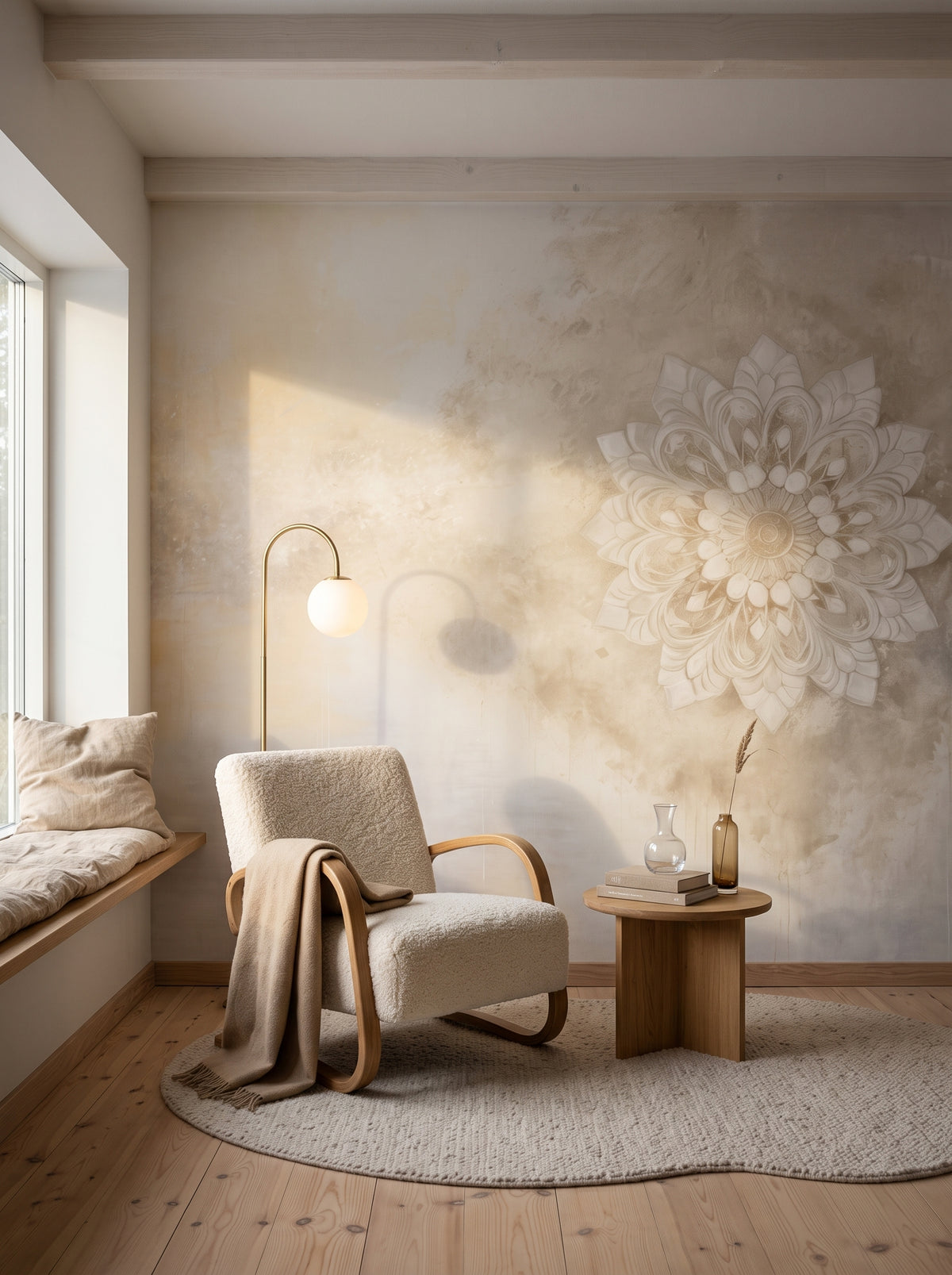 Carta da parati artistica «MAJESTIC BLOOM LIGHT» in un interno: angolo lettura in una villa scandinava.