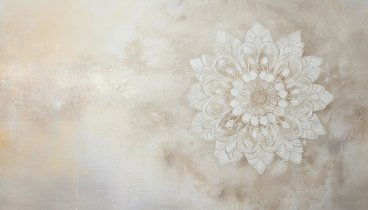 MAJESTIC BLOOM LIGHT - tapeta boho do sypialni z mandalą w fakturze tynku — Pełny wzór