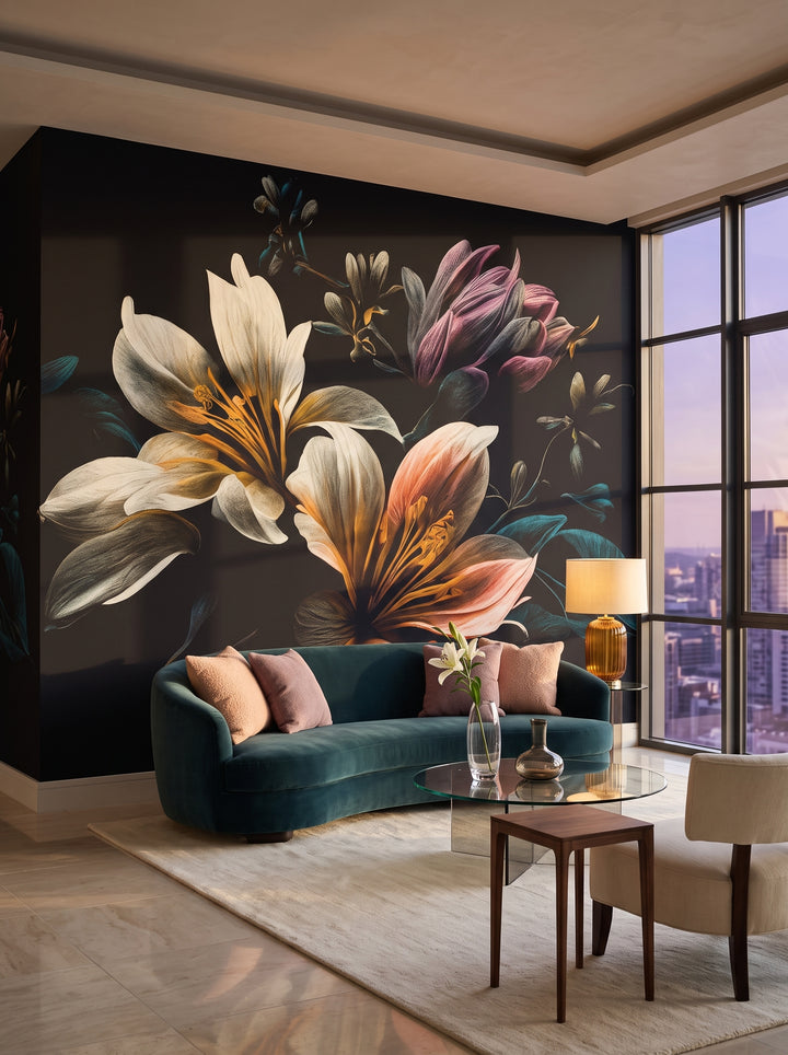 Fototapeta artystyczna o nazwie Luminous Bloom w aranżacji wnętrza: salon w penthousie na Manhattanie.