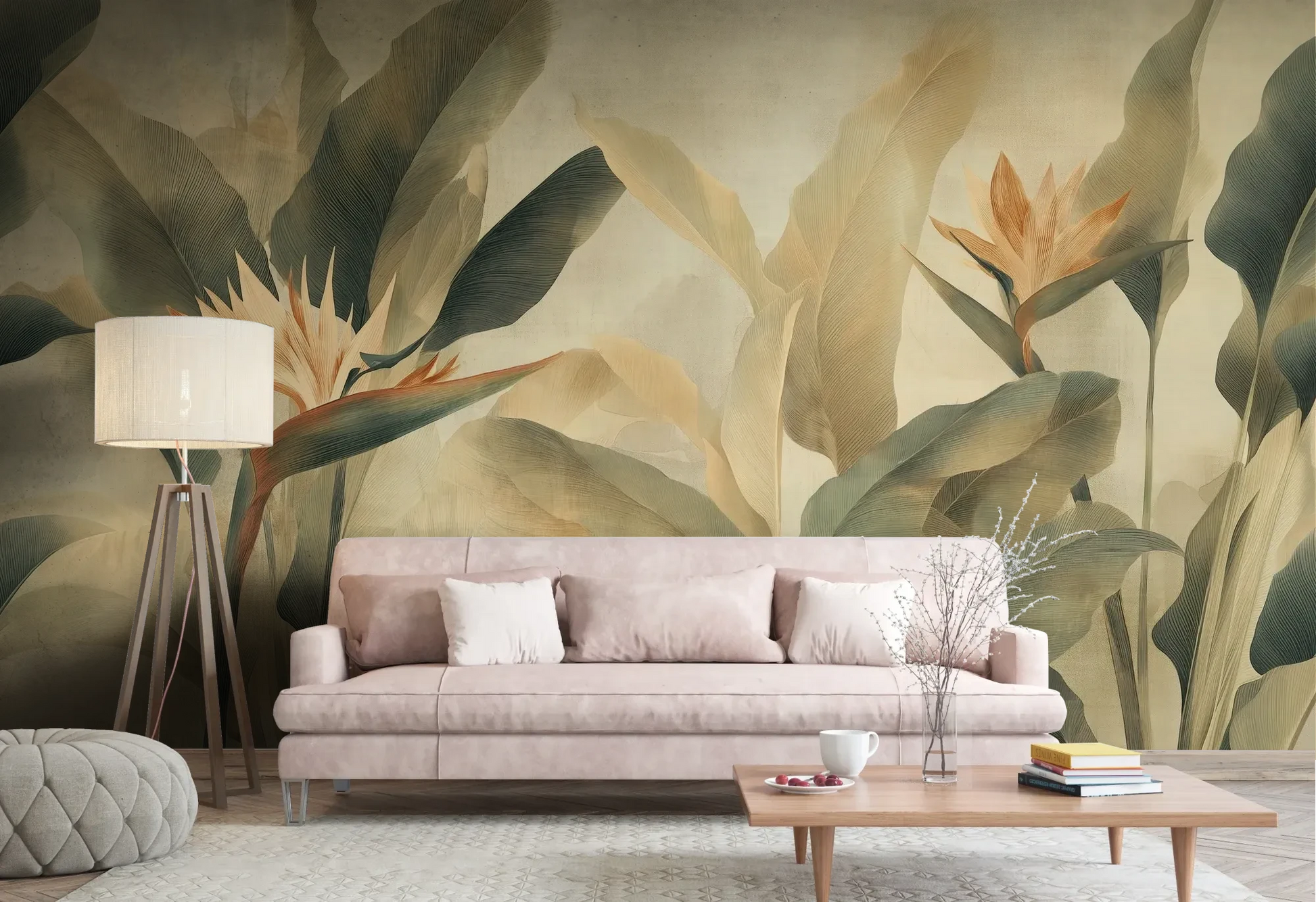 Wzór fototapety STRELITZIA BREEZE - tapeta z egzotycznymi kwiatami rajskiego ptaka pokazanej w aranżacji salonu.