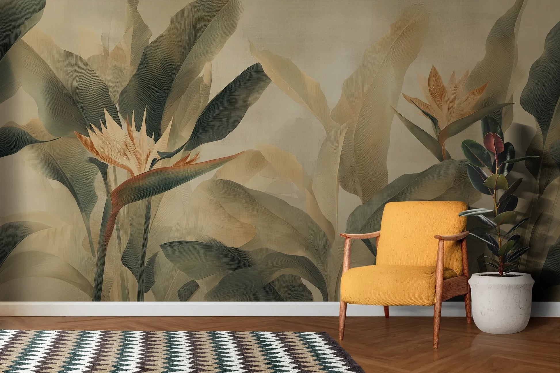 Wzór fototapety STRELITZIA BREEZE - tapeta z egzotycznymi kwiatami rajskiego ptaka pokazanej w aranżacji salonu.