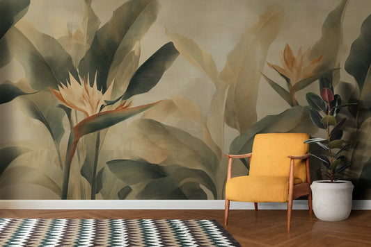 Wzór fototapety STRELITZIA BREEZE - tapeta z egzotycznymi kwiatami rajskiego ptaka pokazanej w aranżacji salonu.
