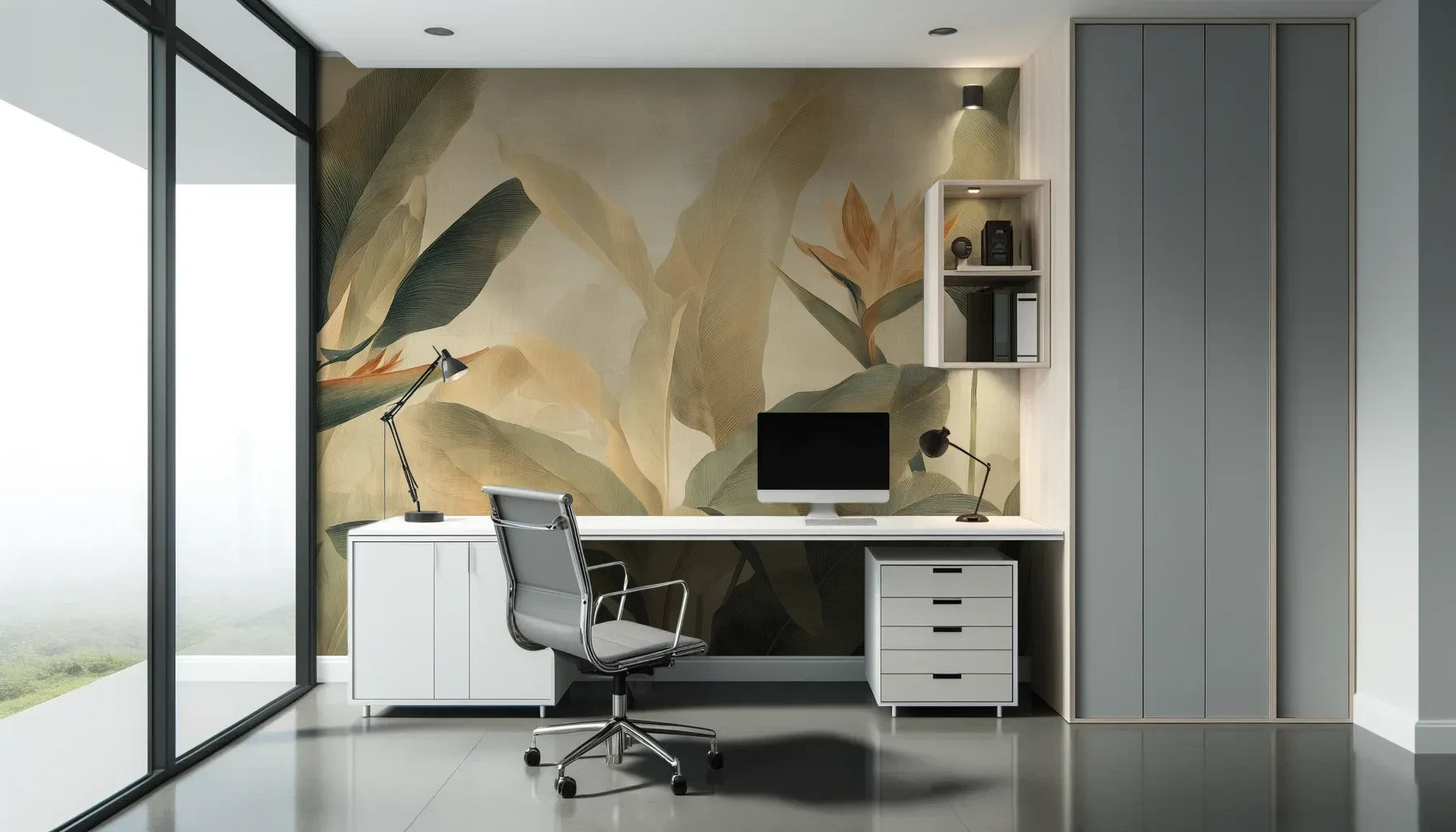 Fototapeta STRELITZIA BREEZE - tapeta z egzotycznymi kwiatami rajskiego ptaka pokazana w aranżacji biura.