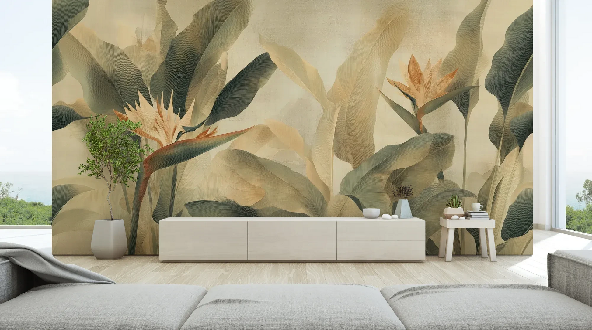 Wzór fototapety STRELITZIA BREEZE - tapeta z egzotycznymi kwiatami rajskiego ptaka pokazanej w aranżacji salonu.