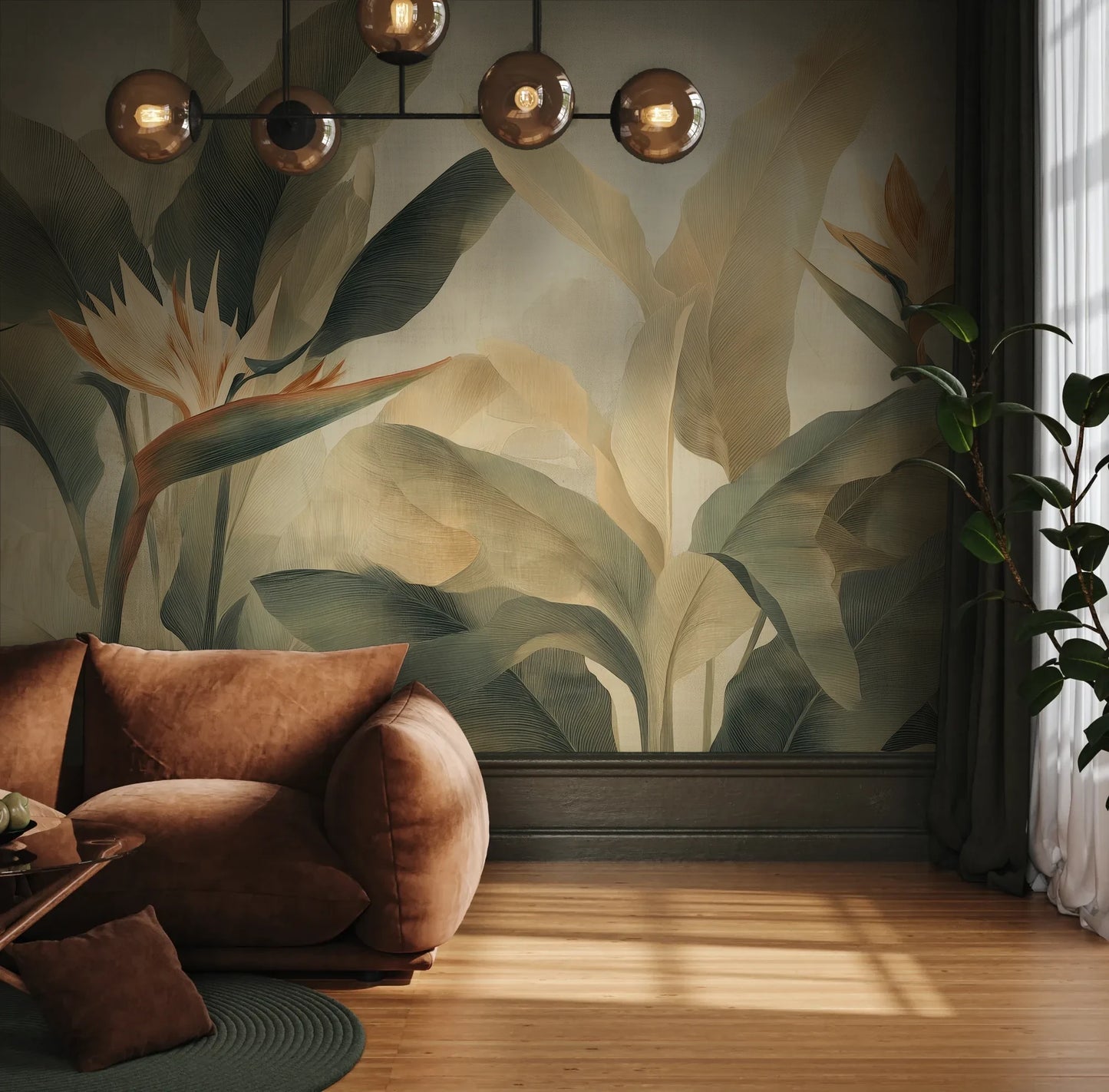 Fototapeta STRELITZIA BREEZE - tapeta z egzotycznymi kwiatami rajskiego ptaka pokazana w aranżacji wnętrza z akcentem na ścianie.