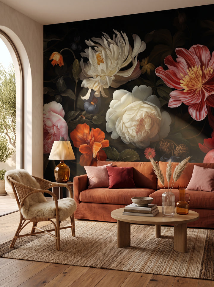 Fototapeta artystyczna o nazwie Dutch Floral Masterpiece w aranżacji wnętrza: salon w stylu wyrafinowanego boho z tarasem.