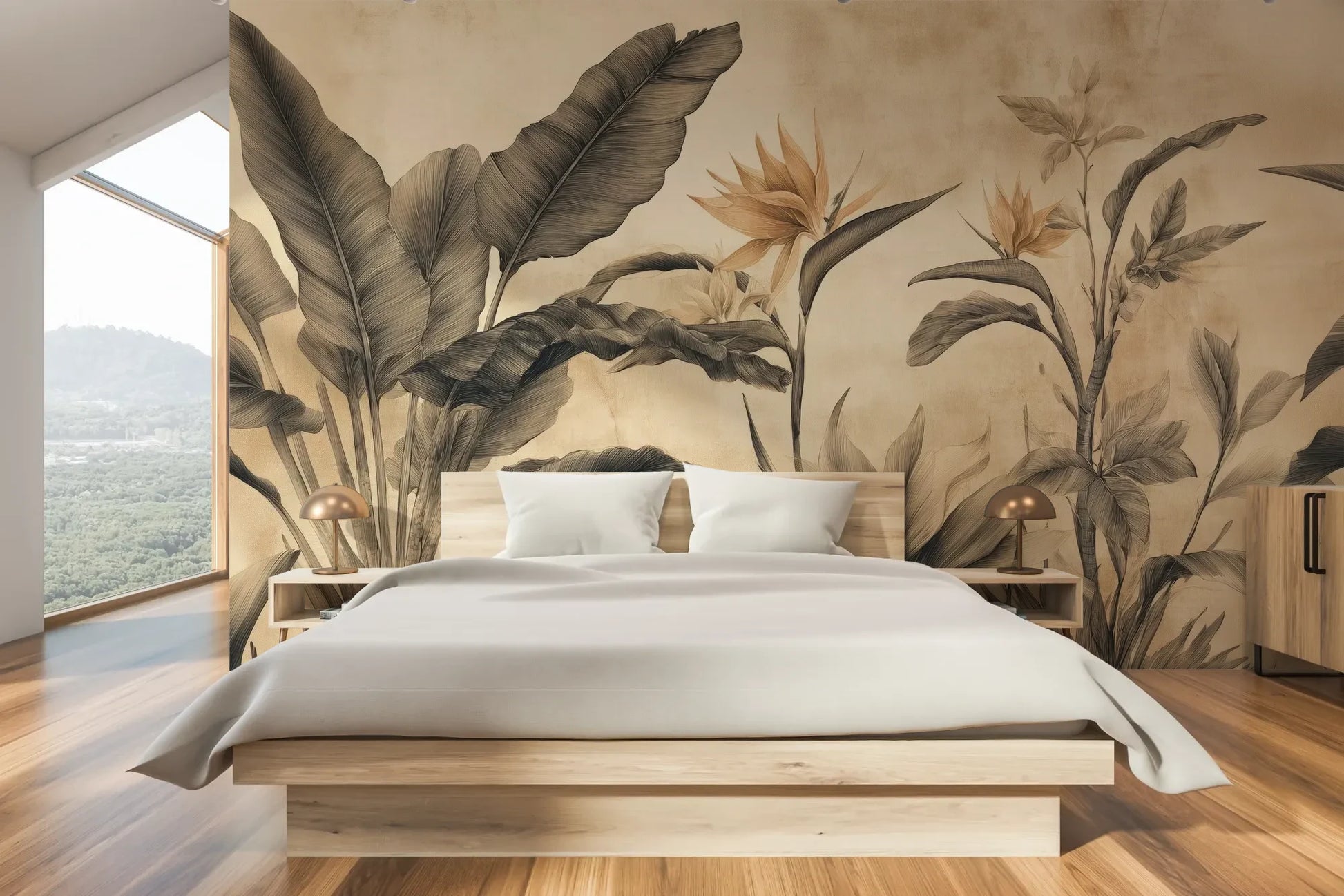 Wzór fototapety BLOSSOM MIRAGE - tapeta z tropikalnymi kwiatami w sepii pokazanej w aranżacji sypialni.