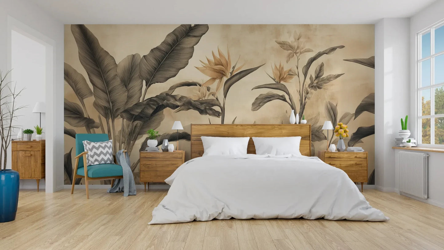 Wzór fototapety BLOSSOM MIRAGE - tapeta z tropikalnymi kwiatami w sepii pokazanej w aranżacji sypialni.