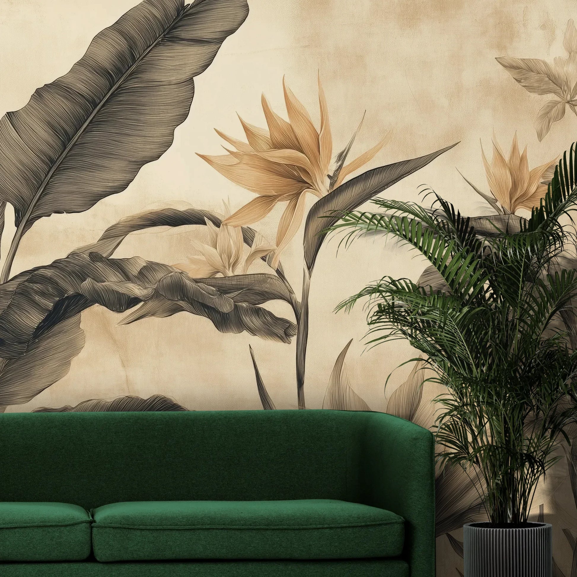 Fototapeta BLOSSOM MIRAGE - tapeta z tropikalnymi kwiatami w sepii pokazana w aranżacji wnętrza z akcentem na ścianie.
