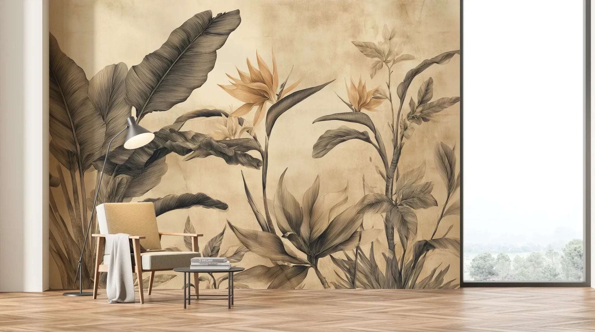Wzór fototapety BLOSSOM MIRAGE - tapeta z tropikalnymi kwiatami w sepii pokazanej w aranżacji salonu.
