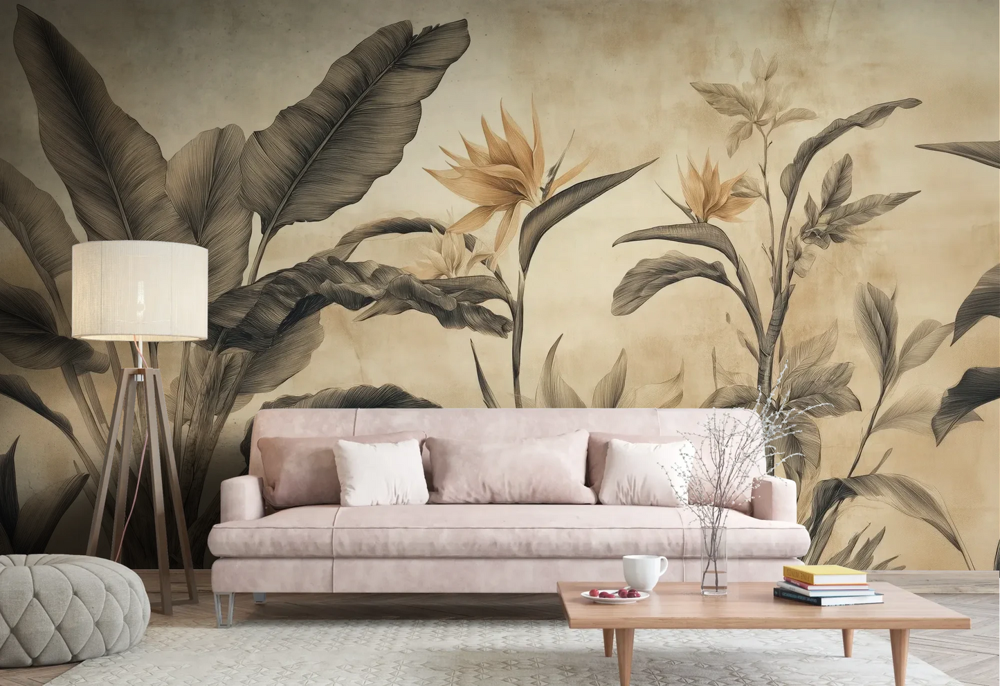Wzór fototapety BLOSSOM MIRAGE - tapeta z tropikalnymi kwiatami w sepii pokazanej w aranżacji salonu.