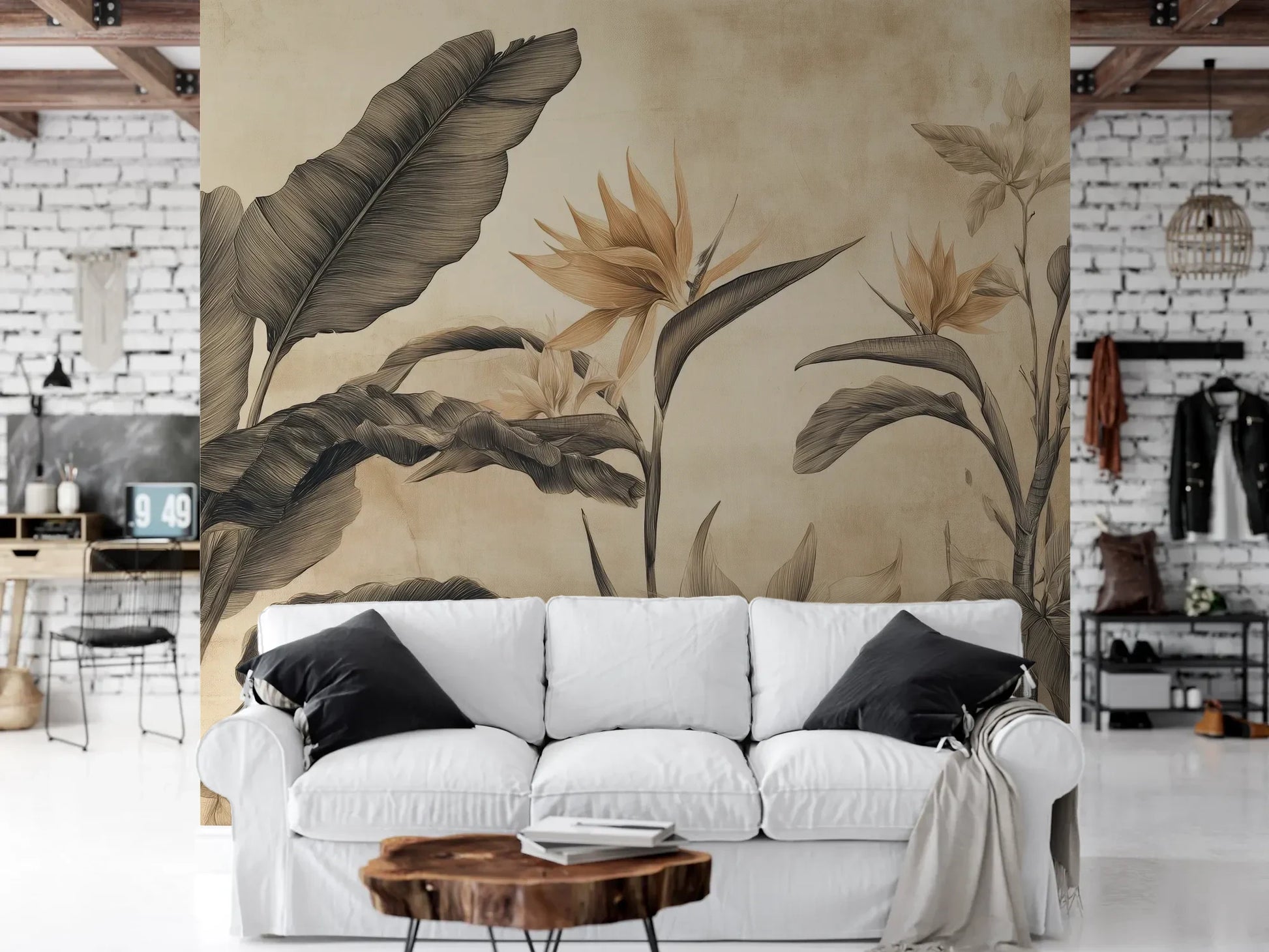Wzór fototapety BLOSSOM MIRAGE - tapeta z tropikalnymi kwiatami w sepii pokazanej w aranżacji salonu.