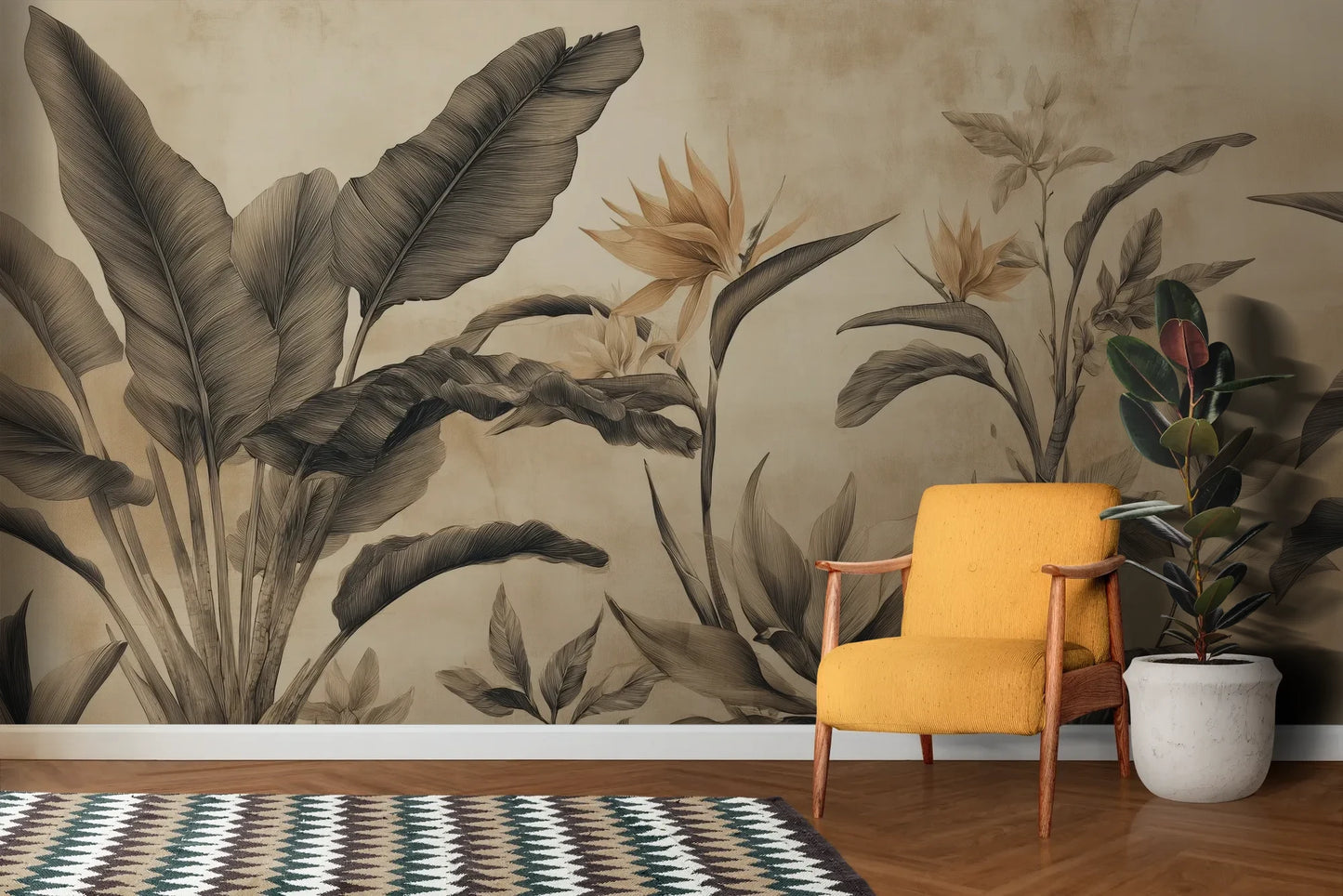 Wzór fototapety BLOSSOM MIRAGE - tapeta z tropikalnymi kwiatami w sepii pokazanej w aranżacji salonu.