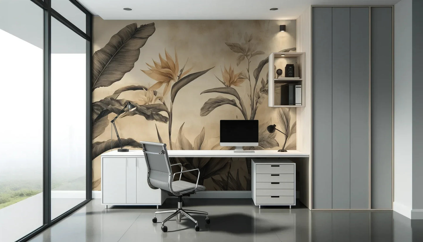 Fototapeta BLOSSOM MIRAGE - tapeta z tropikalnymi kwiatami w sepii pokazana w aranżacji biura.