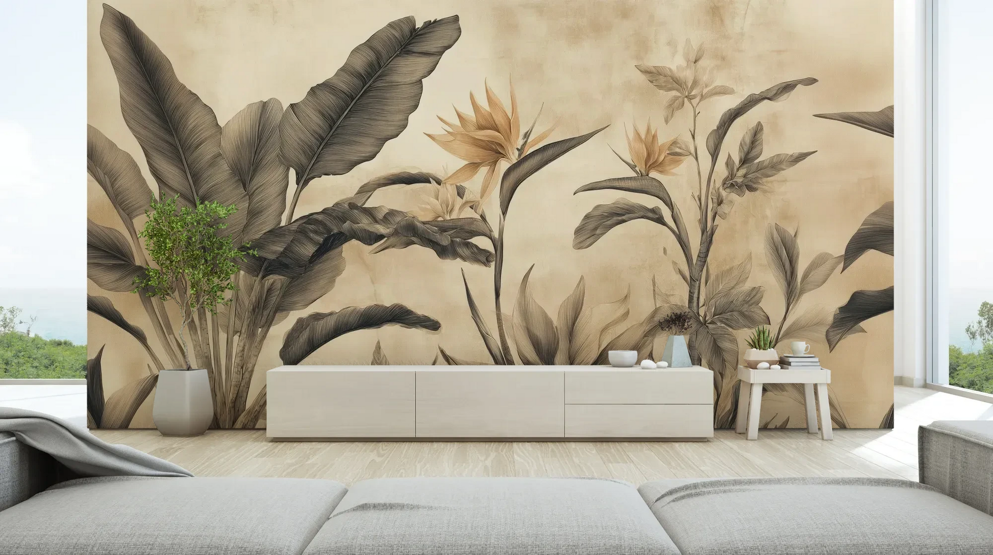 Wzór fototapety BLOSSOM MIRAGE - tapeta z tropikalnymi kwiatami w sepii pokazanej w aranżacji salonu.
