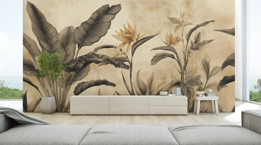 Wzór fototapety BLOSSOM MIRAGE - tapeta z tropikalnymi kwiatami w sepii pokazanej w aranżacji salonu.