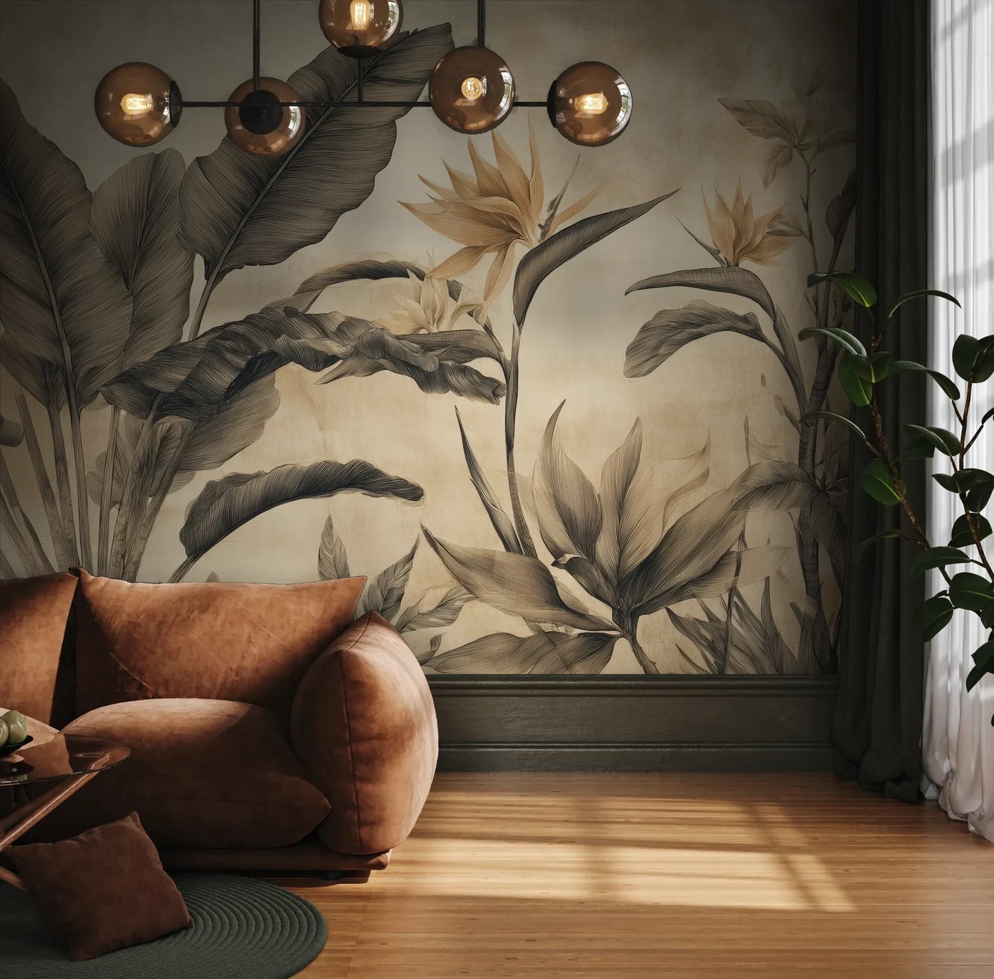 Fototapeta BLOSSOM MIRAGE - tapeta z tropikalnymi kwiatami w sepii pokazana w aranżacji wnętrza z akcentem na ścianie.