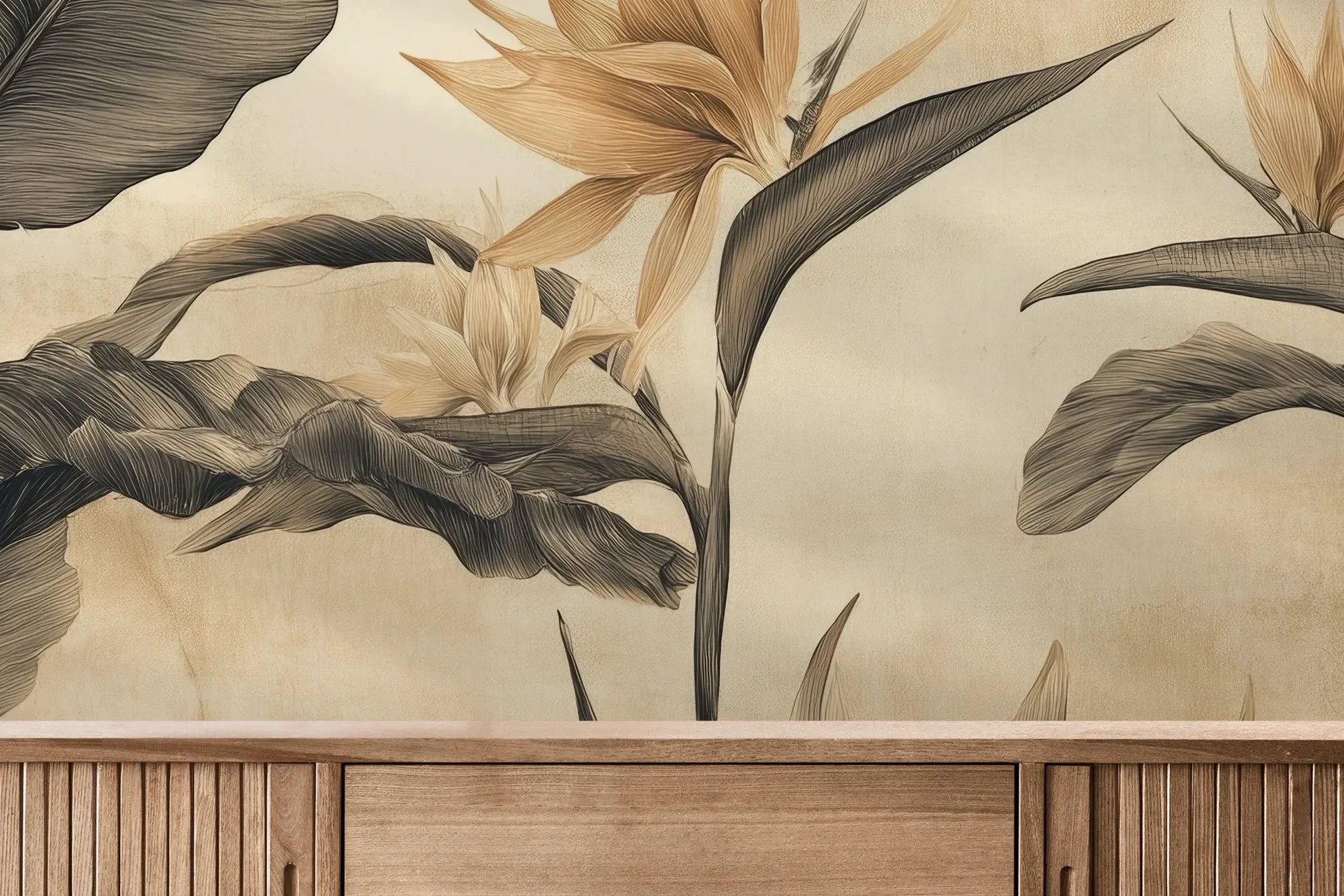 Fototapeta BLOSSOM MIRAGE - tapeta z tropikalnymi kwiatami w sepii pokazana w aranżacji wnętrza z akcentem na ścianie.