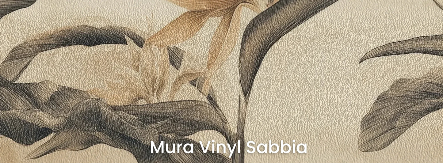 Zbliżenie na fototapetę BLOSSOM MIRAGE - tapeta z tropikalnymi kwiatami w sepii na podłożu o strukturze ziarna piasku.