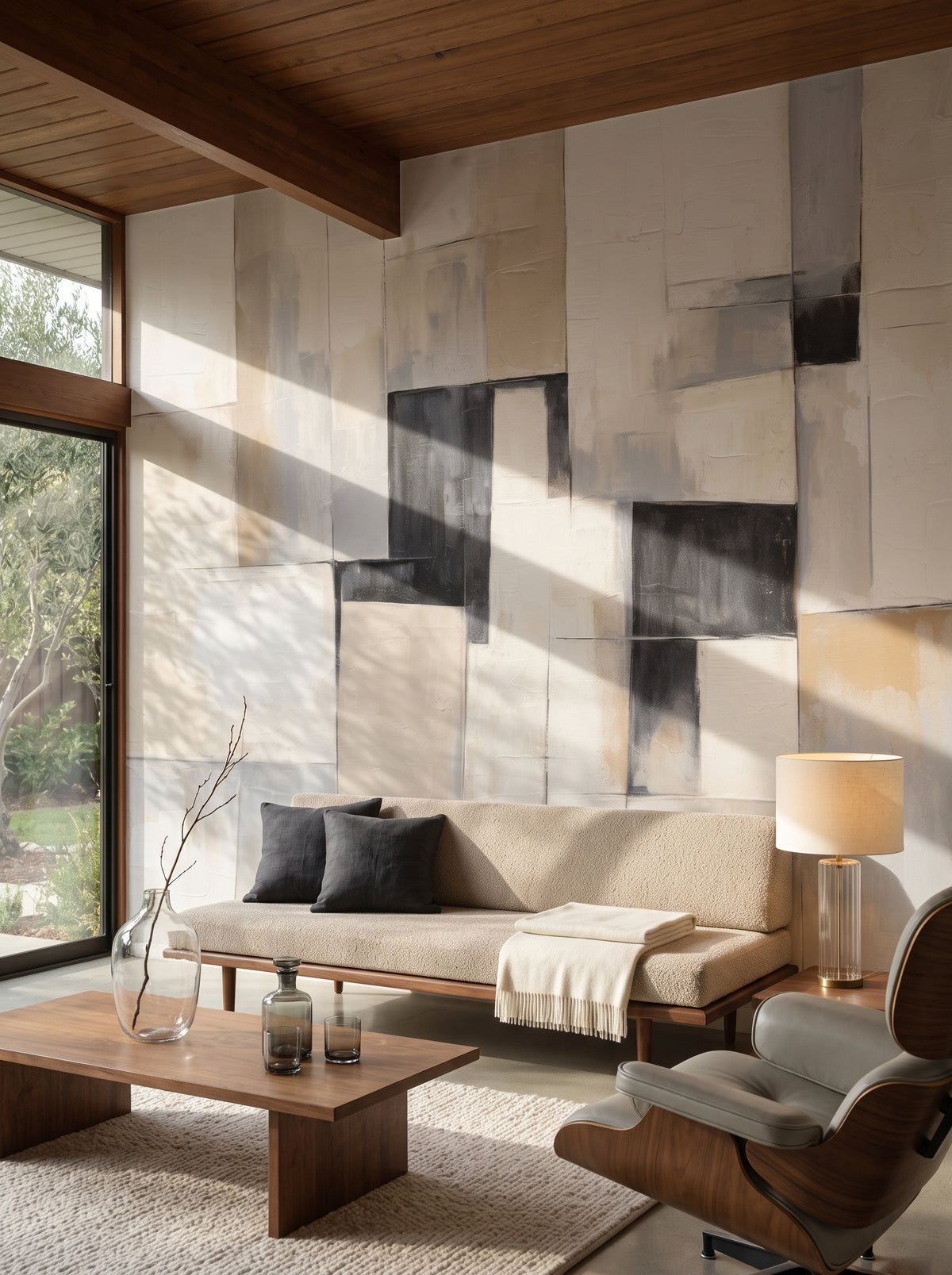 Fototapeta artystyczna o nazwie Contemporary Patchwork w aranżacji wnętrza: salon w kalifornijskim domu z połowy XX wieku.