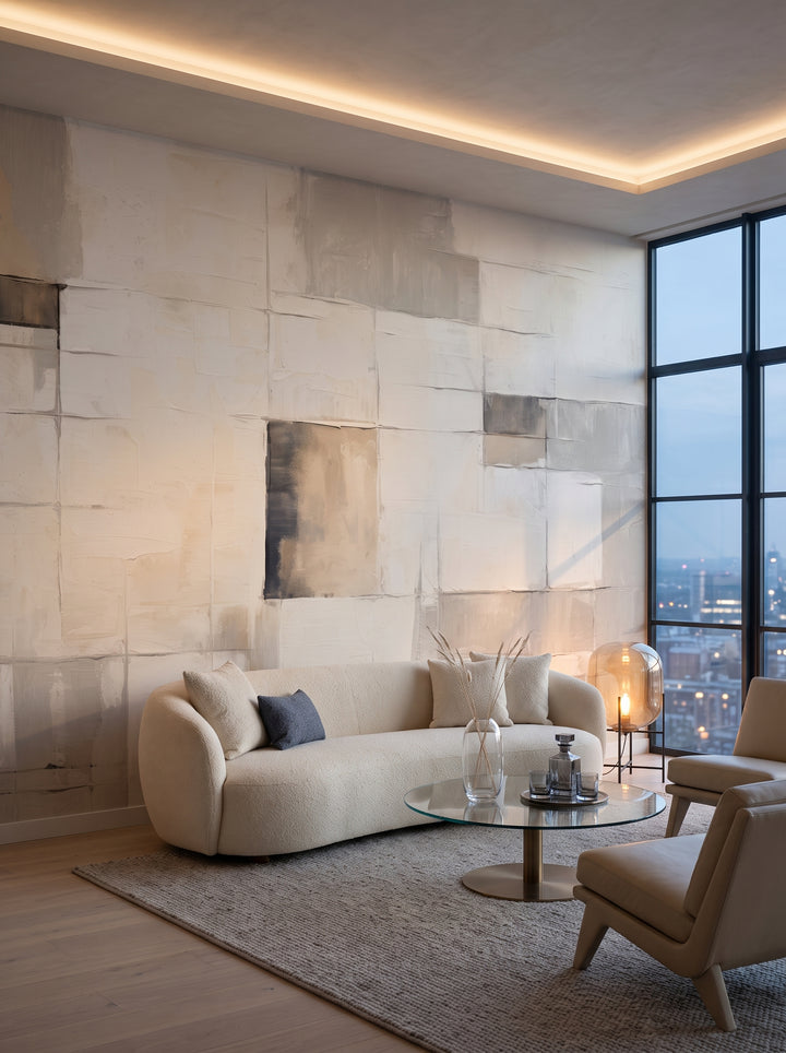 Fototapeta artystyczna o nazwie Monochrome Blend w aranżacji wnętrza: salon w penthousie na Manhattanie o zmierzchu.