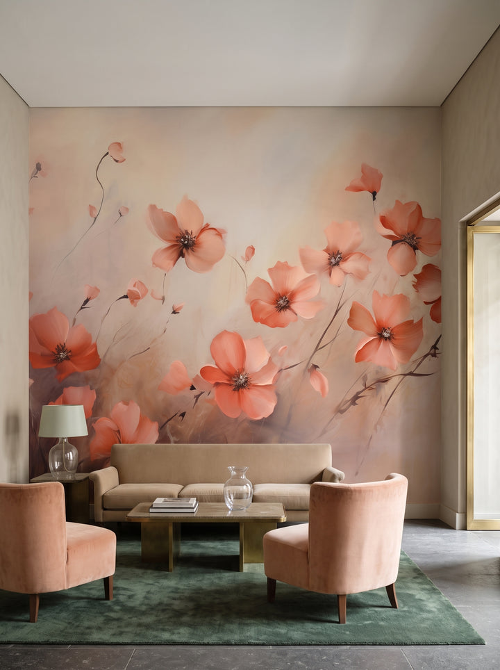 Fototapeta artystyczna o nazwie Dawn Poppy Field w aranżacji wnętrza: lobby-lounge w butikowym hotelu designerskim.