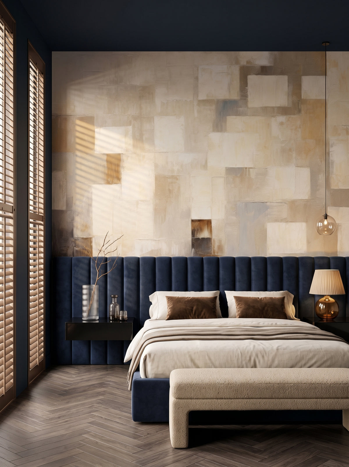 Fototapeta artystyczna o nazwie Neutral Blocks w aranżacji wnętrza: sypialnia w butikowym hotelu designerskim.
