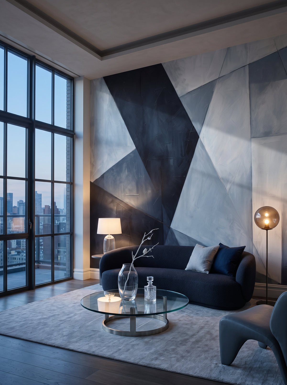 Fototapeta artystyczna o nazwie Angular Elegance w aranżacji wnętrza: salon w penthousie na Manhattanie o zmierzchu.